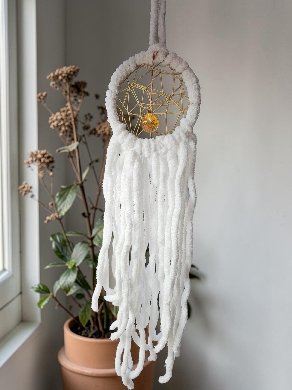 White Dreamcatcher Wall Hanging with Gold Accent